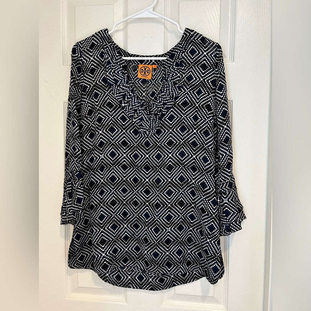 Tory Burch Navy Diamond-Print Silk Tunic